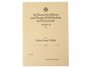Наградной лист на Железный крест I степени. Германия, копия