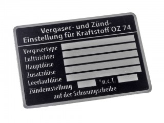 Алюминиевая табличка по настройкам карбюратора Vergaser - und - Zund - Einstellung fur Kraftstoff OZ 74 для олдтаймеров. Германия, копия. 
