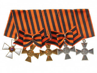 RUSSIAN CROSSES OF THE ST. GEORGE FULL BOW FULL SET OF 5 AWARDS RIBBON BAR, RUSSIAN IMPERIAL WWI