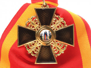 Cross of the Order Of Saint Anna 1st Class without swords black enamel with shoulder broad ribbon, Imperial Russian Order WWI