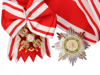 Комплект (крест ордена Св. Станислава 1-й степени с мечами на плечевой ленте с бантом и звезда). Россия, копия