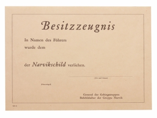 Наградной лист на нарукавный щит "Нарвик", Германия, копия
