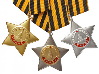Order of Glory FULL SET of three degrees star badges. USSR Russia WWII