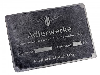 Табличка ADLERWERKE Maybach - Lizenz - OKH для машин производства Adler. Германия, копия. Состаренный вид. 