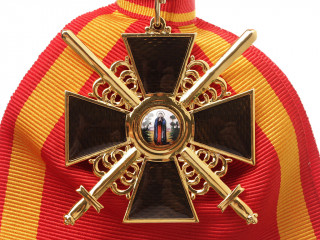Cross of the Order Of Saint Anna 1st Class with swords black enamel with shoulder broad ribbon, Imperial Russian Order WWI