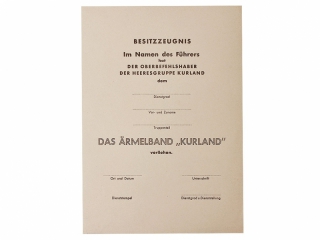 Наградной лист на право ношения нарукавной ленты "Курляндия", Германия, копия